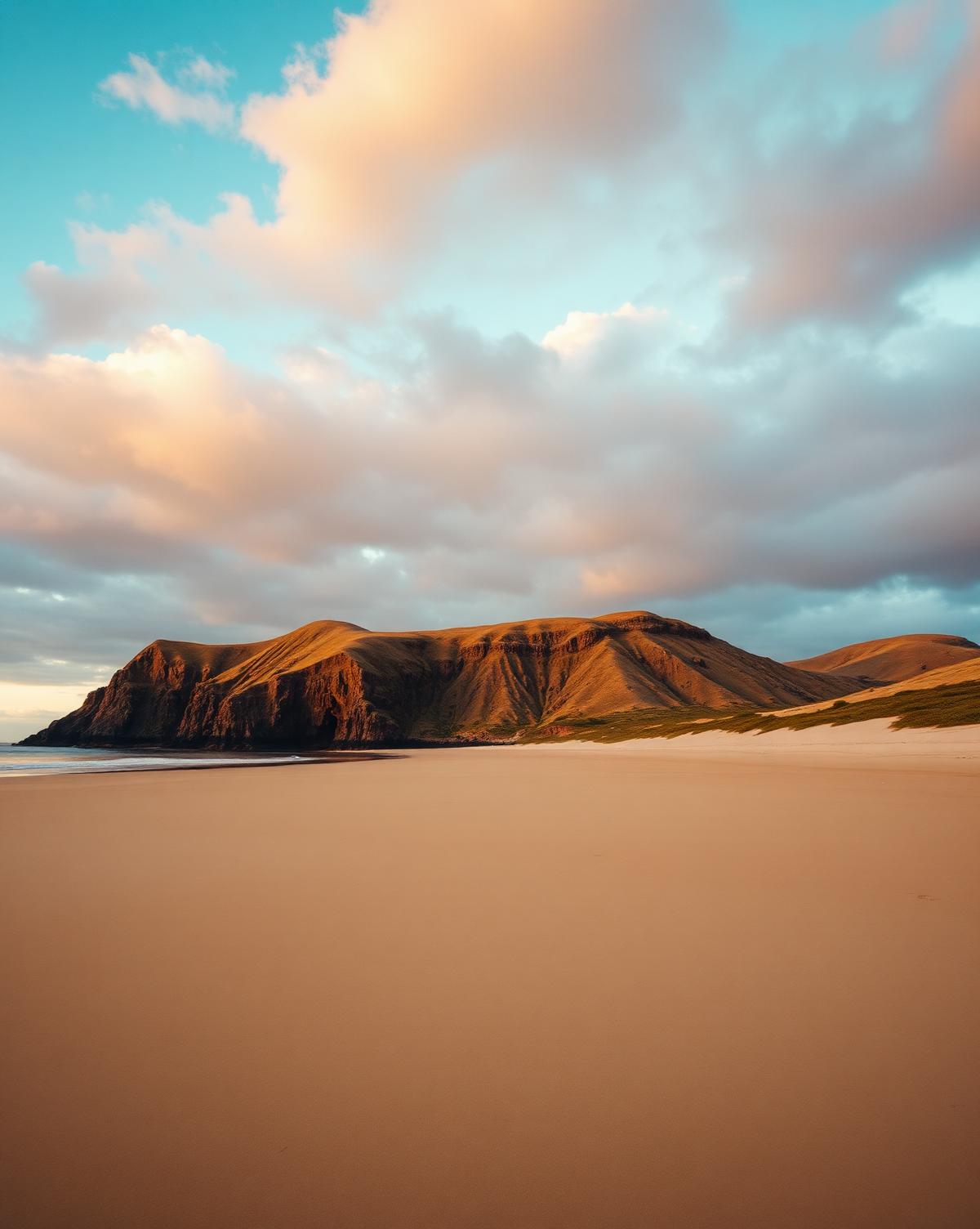 Golden-hour New Zealand coastal landscape with headland and empty beach