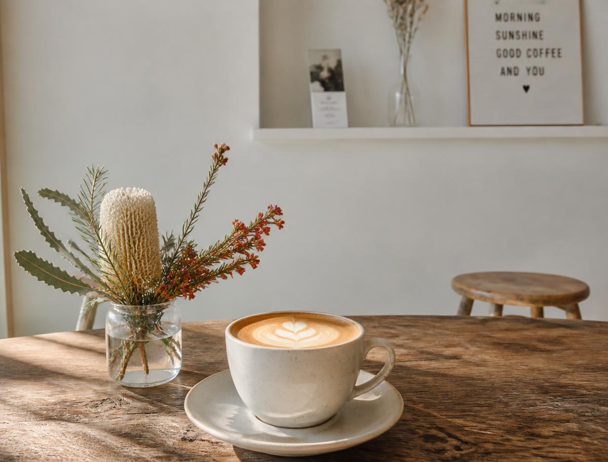 Flat white coffee on a wooden table in the café