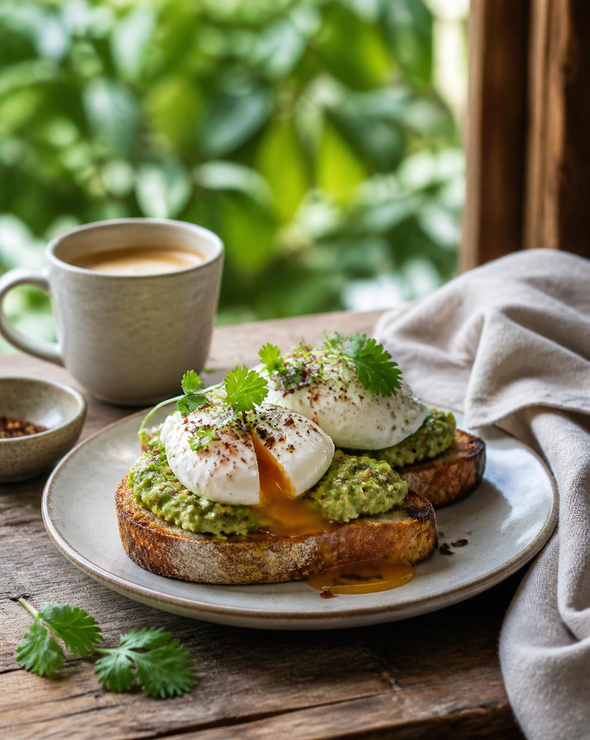 Poached eggs on sourdough with smashed avocado and herbs