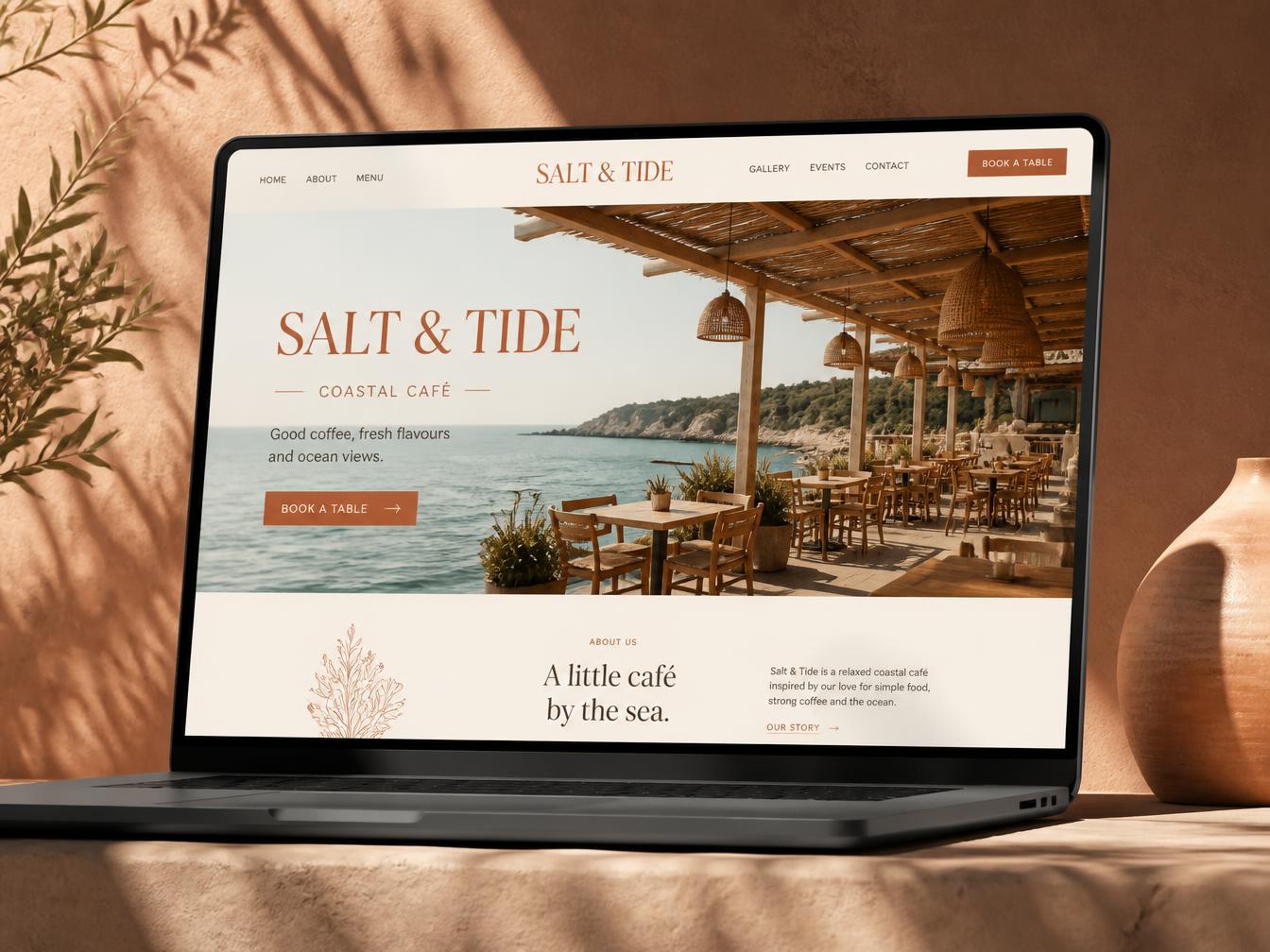 Mockup of a Coastal café — one page website on a laptop screen