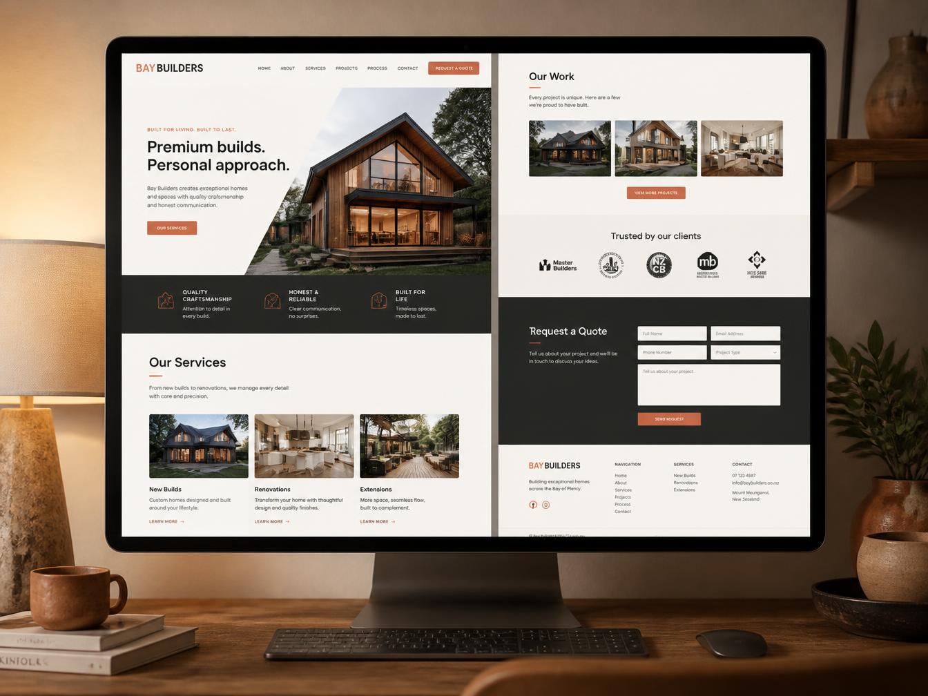 Mockup of a Building trades — two pages website on a laptop screen